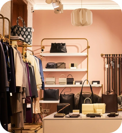 Eleganckie wnętrze butiku z delikatnymi różowymi i białymi ścianami, w którym eksponowane są uporządkowane stojaki z ubraniami, stylowe torebki i eleganckie dodatki. Przytulne i zachęcające.